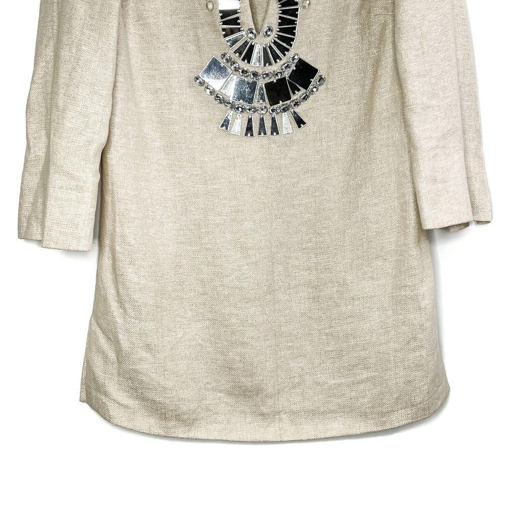Tory Burch Linen Blend Embellished Gem Rhinestone Beaded Sequin Tunic Dress 6 - Picture 3 of 7
